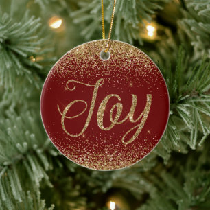 Red Gold Glitter Joy Ceramic Tree Decoration