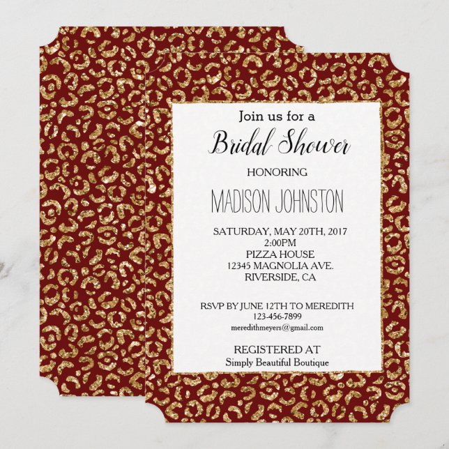 Red Gold Glitter Leopard Animal  Invitation (Front/Back)