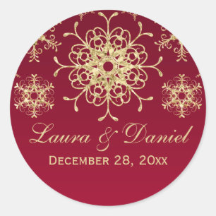 Red, Gold Glitter LOOK Snowflake Wedding Sticker