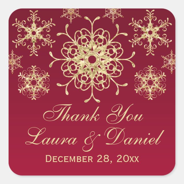 Red, Gold Glitter LOOK Snowflake Wedding Sticker (Front)