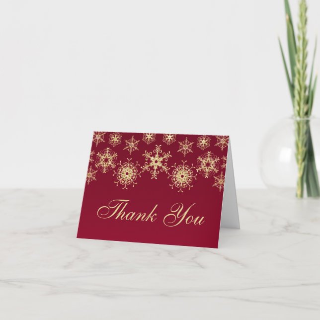 Red, Gold Glitter LOOK Snowflakes Thank You Card (Front)