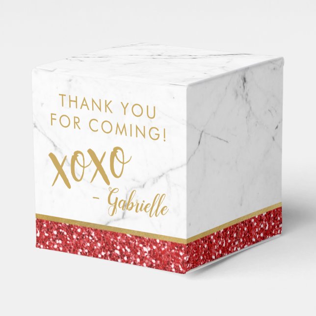 Red Gold Glitter Marble xoxo Birthday Favour Box (Front Side)