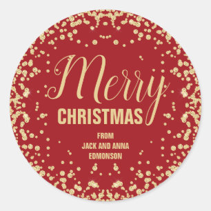 Red Gold Glitter Merry Christmas Classic Round Sticker