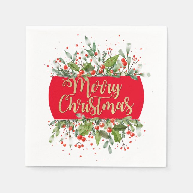 RED Gold Glitter Merry Christmas Holly Paper Plate Napkin (Front)