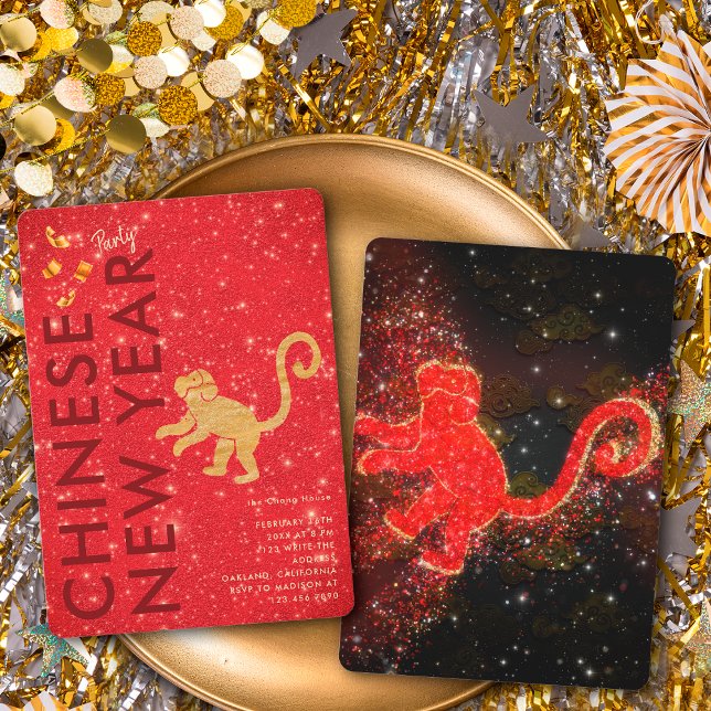 Red Gold Glitter Monkey Lunar New Year Party Invitation (Creator Uploaded)