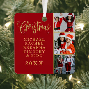 Red Gold Glitter Names Year Family Photo Christmas Metal Tree Decoration