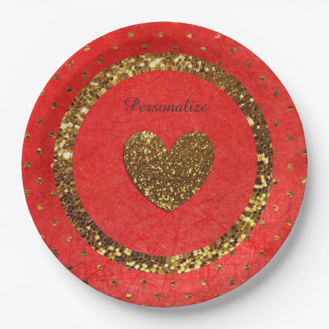 Red & Gold Glitter Personalised Paper Plates (Front)