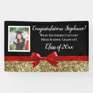 Red Gold Glitter Photo Graduation Banner Sign