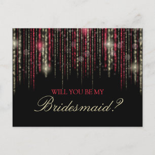 Red Gold Glitter Rain Will You Be My Bridesmaid Invitation Postcard