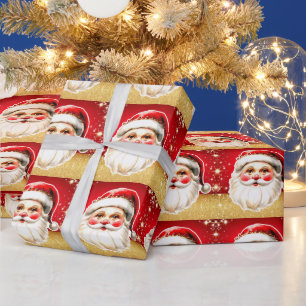 Red Gold Glitter Retro Santa Claus Christmas Wrapping Paper