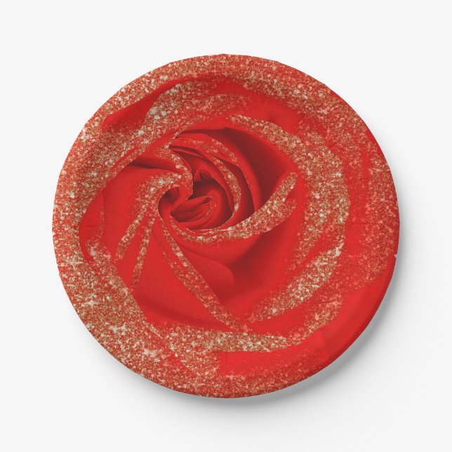 Red Gold Glitter Rose White Wood Shabby Chic Paper Plate (Front)