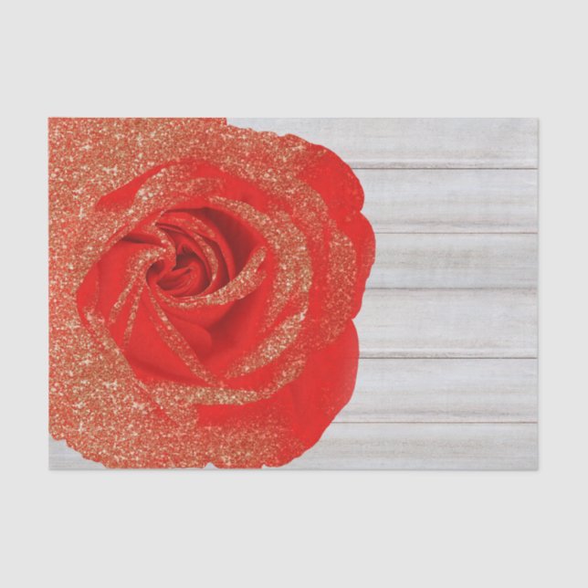 Red Gold Glitter Rose White Wood Shabby Chic Tissue Paper (Front)