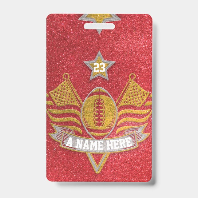 Red & Gold Glitter School Football Team Sports ID Badge (Front)
