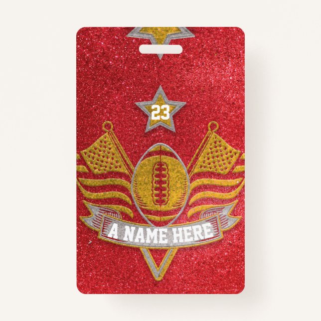 Red & Gold Glitter School Football Team Sports ID Badge (Front)