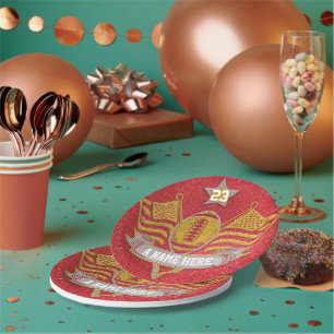Red & Gold Glitter School Football Team Sports Paper Plate