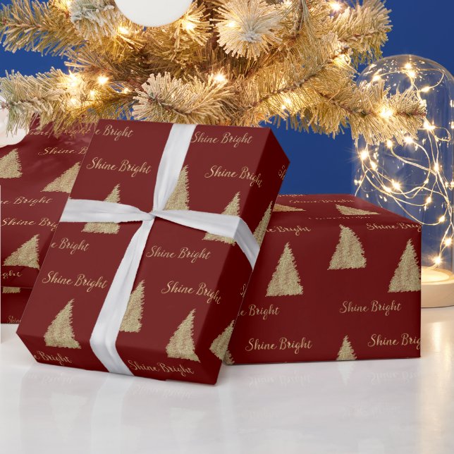 Red Gold Glitter Shine Christmas Trees       Wrapping Paper (Holidays)