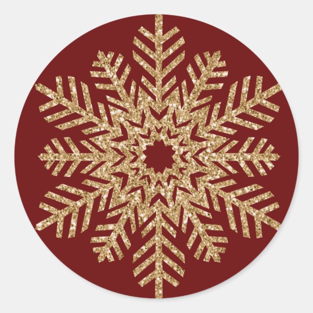 Red Gold Glitter Snowflake Classic Round Sticker (Front)