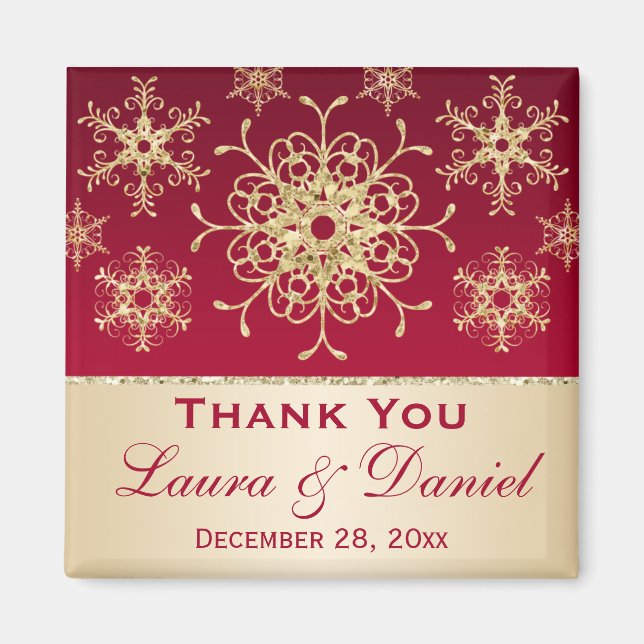 Red, Gold Glitter Snowflakes Wedding Favor Magnet (Front)