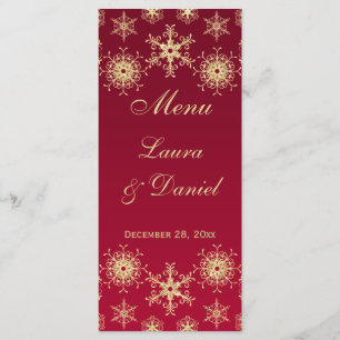 Red, Gold Glitter Snowflakes Wedding Menu Card