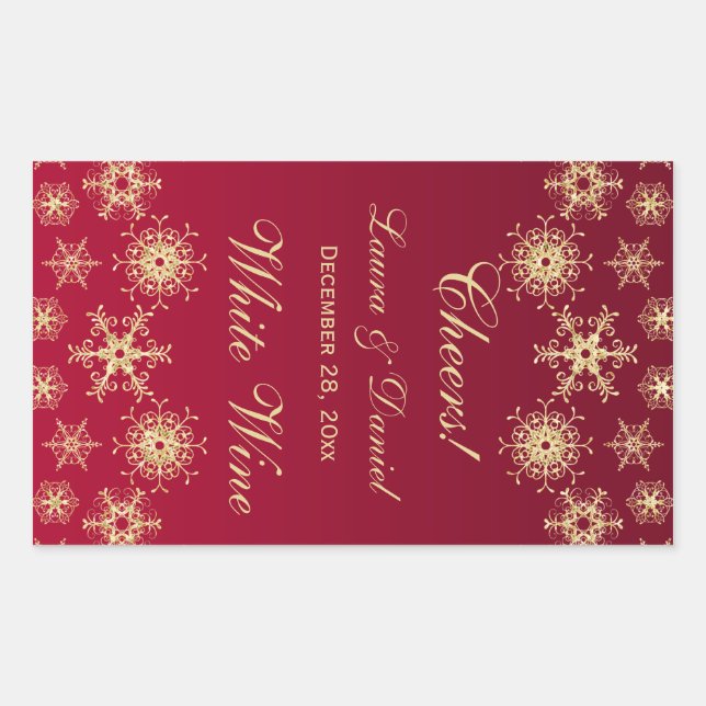 Red, Gold Glitter Snowflakes Wine Label Sticker (Front)