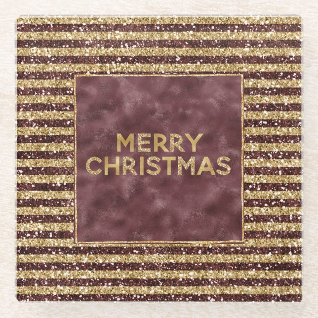 Red Gold Glitter Sparkle Stripes Christmas     Glass Coaster (Front)