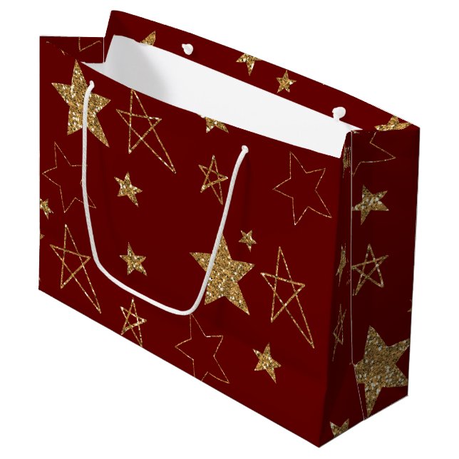 Red Gold Glitter Stars Large Gift Bag (Front Angled)