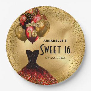 Red Gold Glitter Sweet 16 Paper Plate