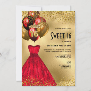 Red Gold Glitter Tiara Dress Sweet 16 Birthday Invitation