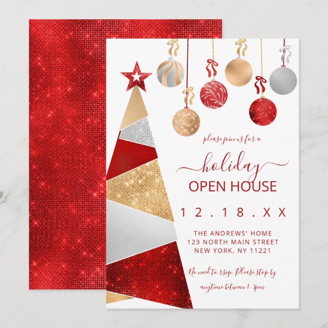 Red Gold Glitter Tree Ornaments Holiday Open House Invitation (Front/Back)