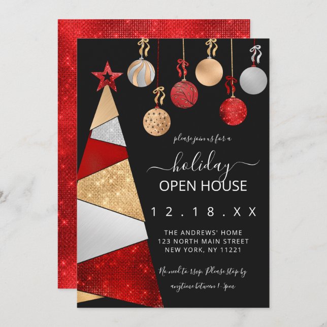 Red Gold Glitter Tree Ornaments Holiday Open House Invitation (Front/Back)
