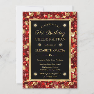 Red & Gold Glitter Valentine Hearts 21st Birthday Invitation