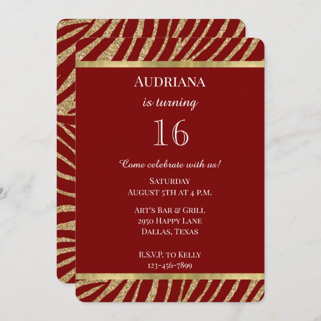 Red Gold Glitter Zebra Animal Birthday Invitation (Front/Back)