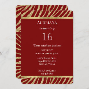 Red Gold Glitter Zebra Animal Birthday Invitation