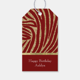 Red Gold Glitter Zebra Birthday  Gift Tags