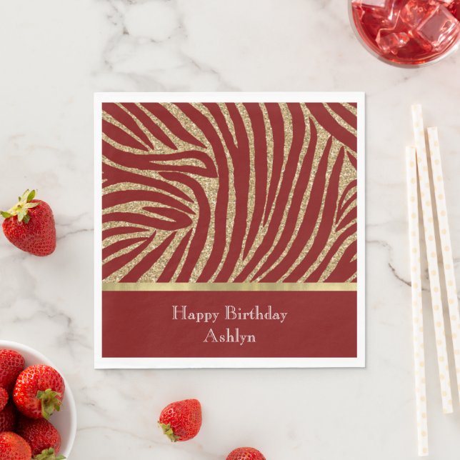 Red Gold Glitter Zebra Birthday  Napkin (Insitu)