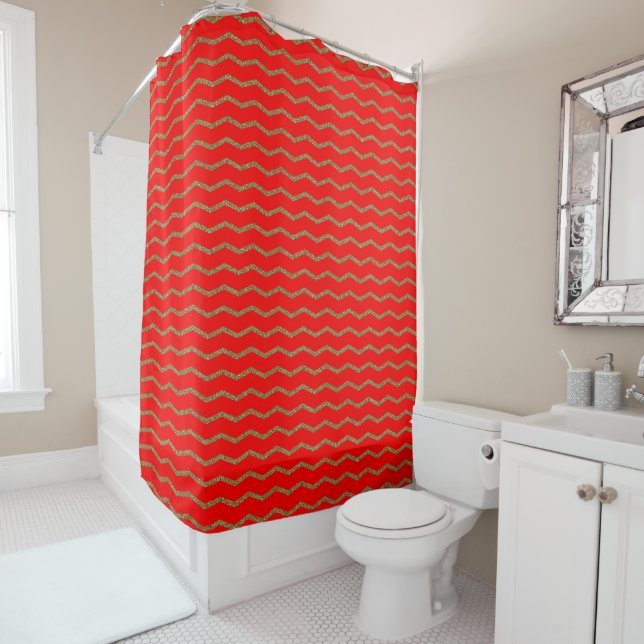 Red Gold Glitter Zig Zag Chevron Stripe Pattern Shower Curtain (In Situ)