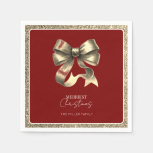 Red Gold Glittered Bow Christmas Paper Napkin