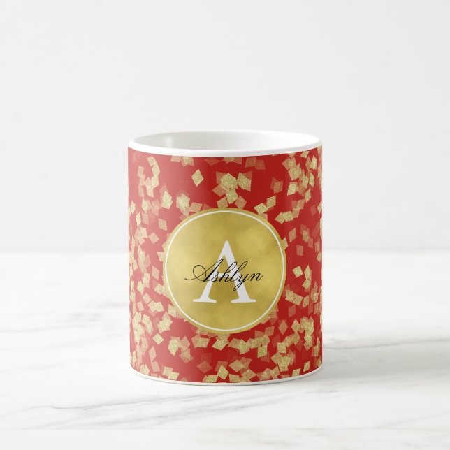 Red Gold Glitzy Confetti Abstract Monogram Coffee Mug (Center)