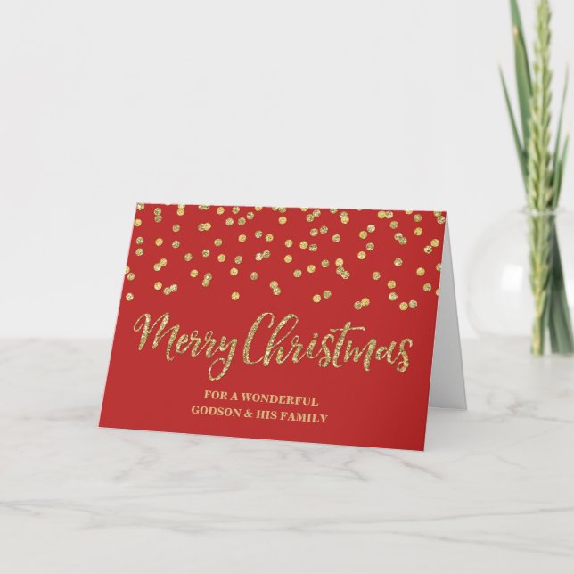 Red Gold Godson & Family Merry Christmas Card (Front)