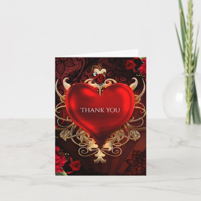 Red & Gold Gothic Love Heart Gothic Thank You Card (Front)