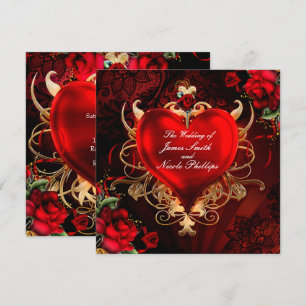 Red & Gold Gothic Love Romance Heart Wedding Invitation
