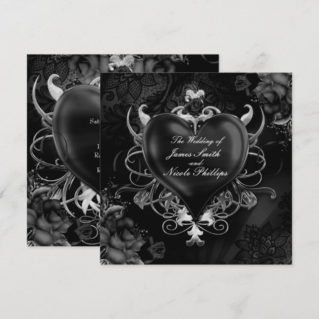 Red & Gold Gothic Love Romance Heart Wedding Invitation (Front/Back)