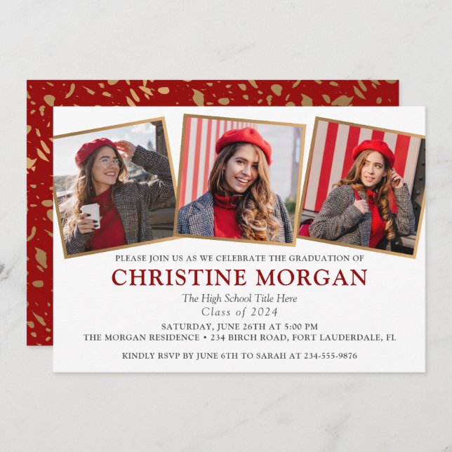 Red Gold Graduate Photo Graduation Announcement  (Front/Back)