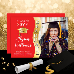 Red   Gold Graduate Wave Grad Cap Photo Announcement