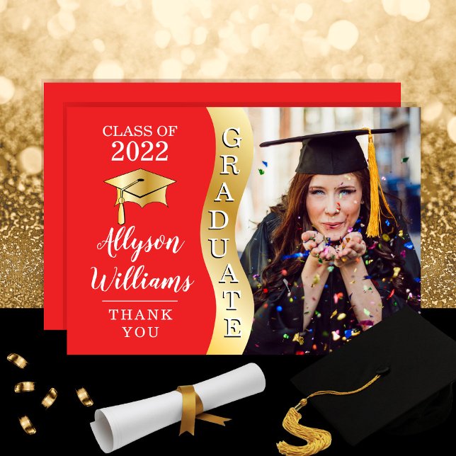 Red | Gold Graduate Wave Grad Cap Photo Thank You Card (Creator Uploaded)