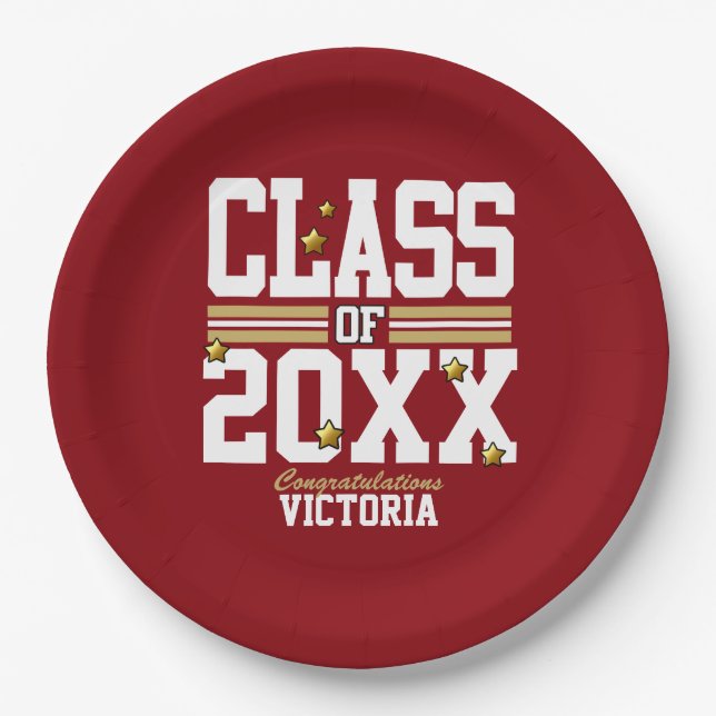 Red|Gold Graduating Class Year Paper Plate (Front)