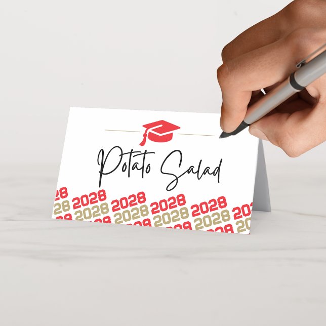 Red & Gold Graduation Cap Folding Label, Food or Place Card (Red & Gold Graduation Cap Year Folding Food or Place Cards)