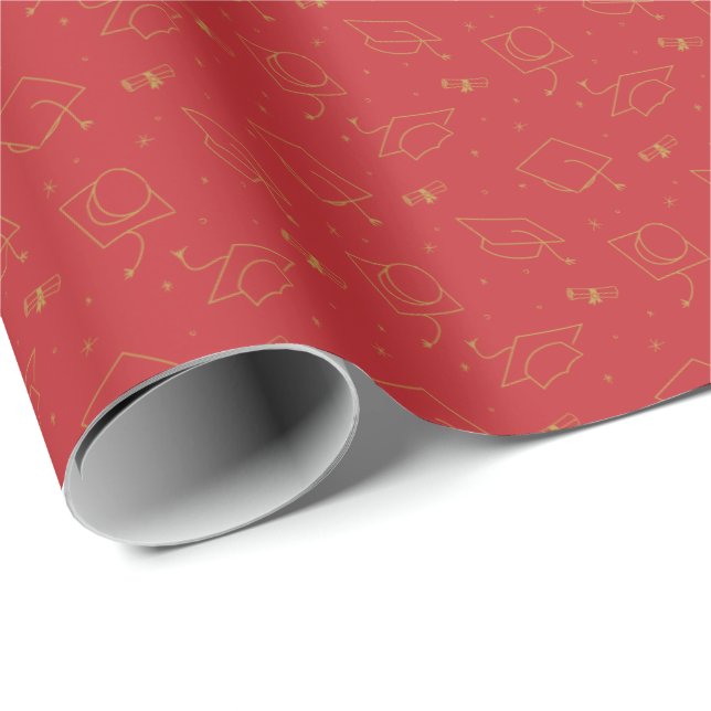 Red & Gold Graduation Cap Toss Wrapping Paper (Roll Corner)
