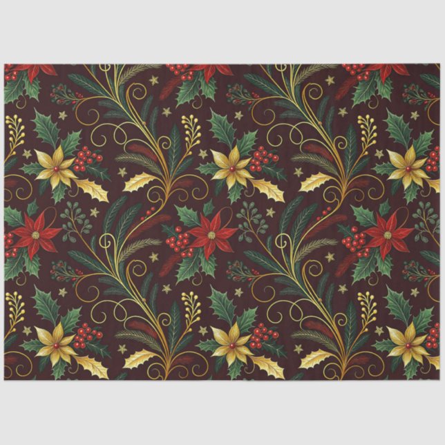 Red Gold Green Christmas Florals Decoupage  Tissue Paper (Front)