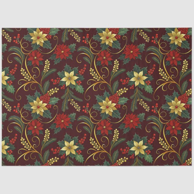 Red Gold Green Christmas Florals Decoupage  Tissue Paper (Front)